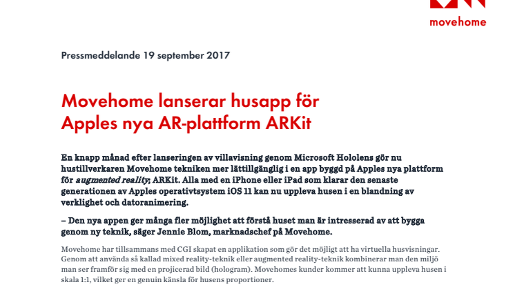 Movehome lanserar husapp för  Apples nya AR-plattform ARKit