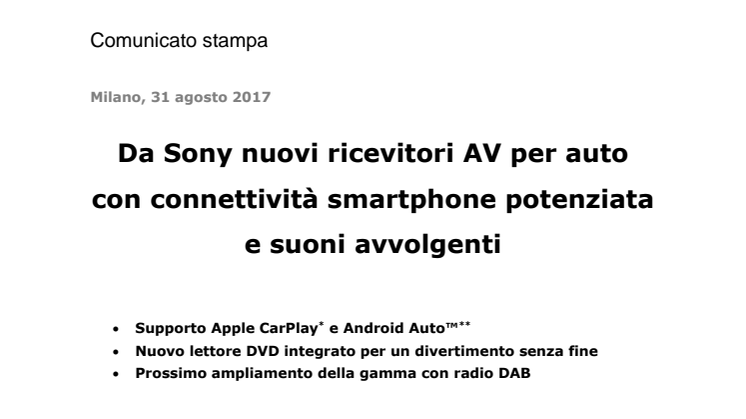 Da Sony nuovi ricevitori AV per auto con connettività smartphone potenziata e suoni avvolgenti