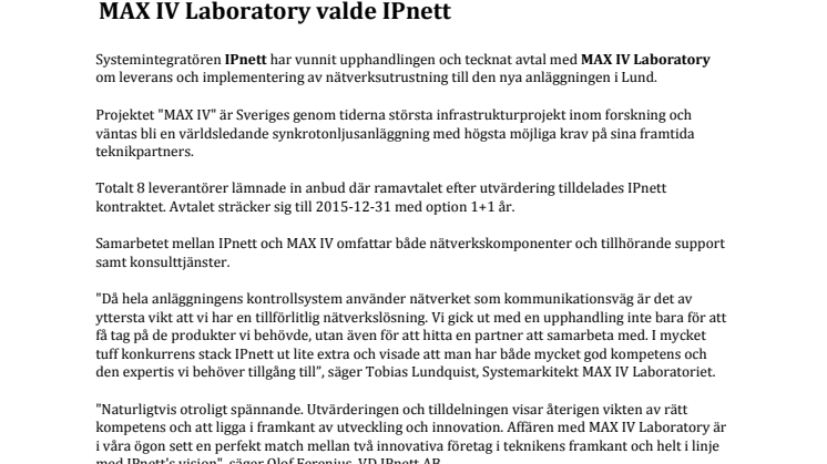  MAX IV Laboratory valde NetNordic