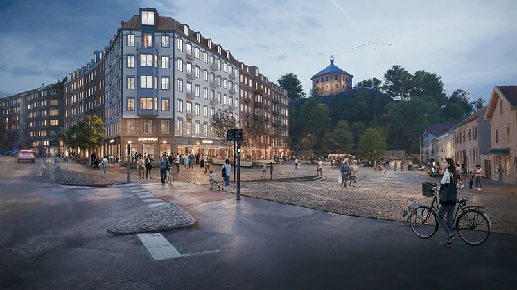 Samråd om detaljplan för bostäder och förskola m.m. vid Skanstorget är ett av ärendena på stadsbyggnadsnämnden nästa vecka. Bild: Okidoki Arkitekter.