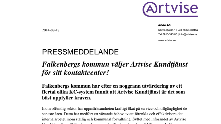 Falkenbergs kommun väljer Artvise Kundtjänst för sitt kontaktcenter!