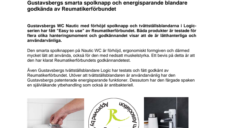 Gustavsbergs smarta spolknapp och energisparande blandare godkända av Reumatikerförbundet
