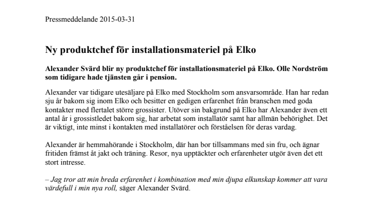 Ny produktchef för installationsmateriel på Elko 