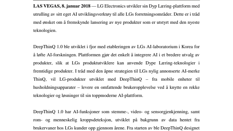 LG INNFØRER DEEPTHINQ FOR Å STYRKE  AI-PRODUKTER OG -TJENESTER