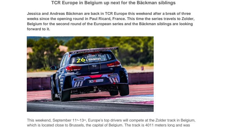 TCR Europe in Belgium up next for the Bäckman siblings