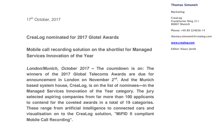 CreaLog nominated for 2017 Glotel Awards:  Mobile call recording solution on the shortlist for Managed Services Innovation of the Year