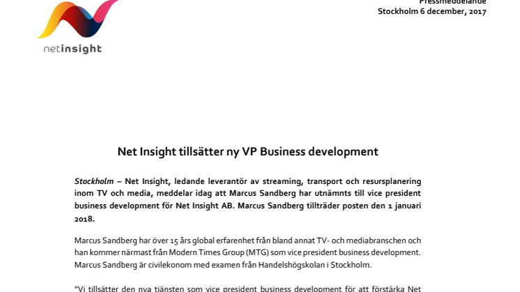 Net Insight tillsätter ny VP Business development