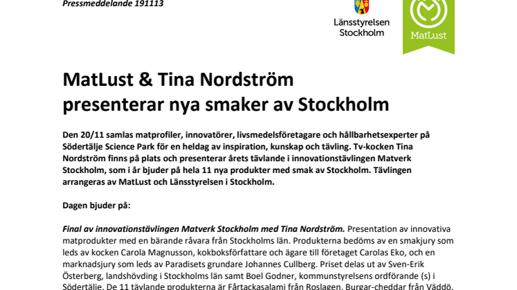 20 november: MatLust & Tina Nordström presenterar nya smaker av Stockholm