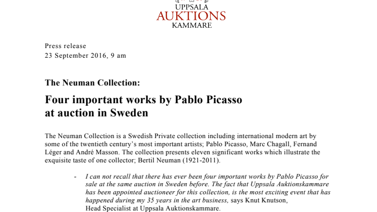 Four important works by Pablo Picasso at auction in Sweden