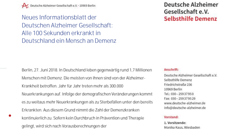 Neues Informationsblatt der Deutschen Alzheimer Gesellschaft:  Alle 100 Sekunden erkrankt in Deutschland ein Mensch an Demenz