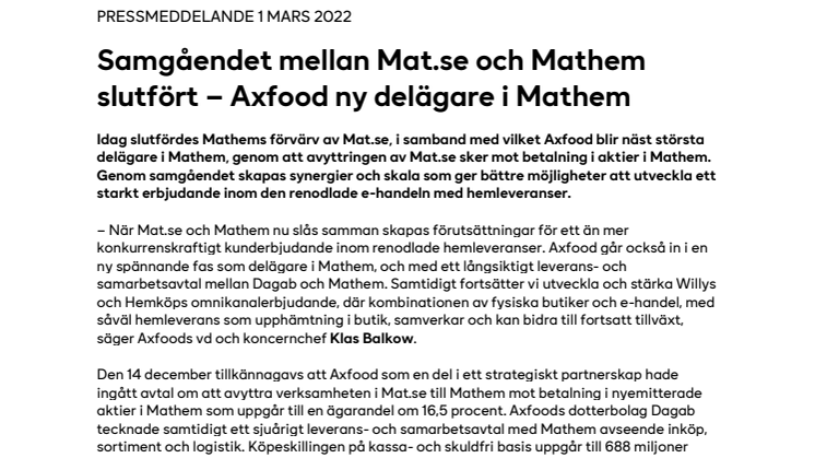 PM_220301_Samgåendet mellan Mat.se och Mathem slutfört – Axfood ny delägare i Mathem.pdf
