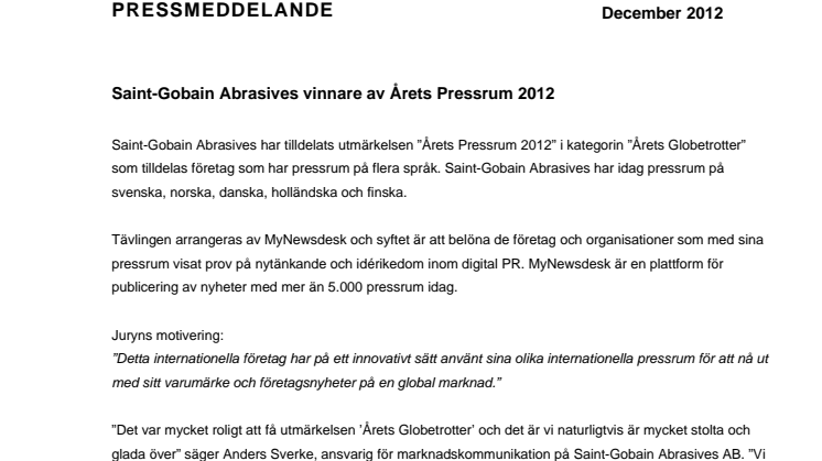 Saint-Gobain Abrasives vinnare av Årets Pressrum 2012