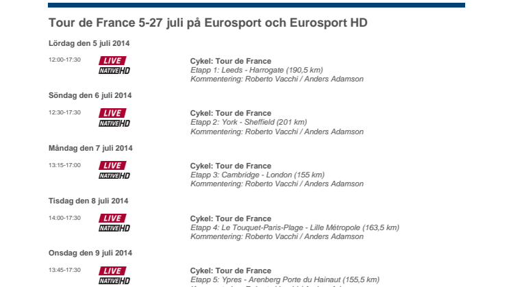 TV-tablå för Eurosports sändningar från Tour de France 2014