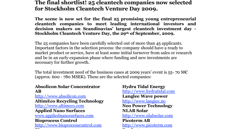 The final shortlist! 25 cleantech companies now selected for Stockholm Cleantech Venture Day 2009.