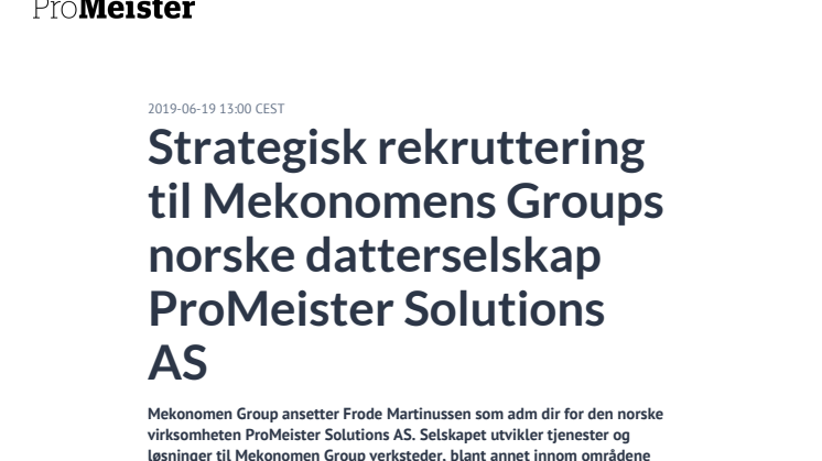 Strategisk rekruttering til Mekonomens Groups norske datterselskap ProMeister Solutions AS