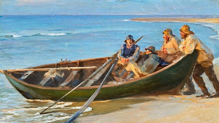 P. S. Krøyer- Fiskere ved en båd på Skagen Nordstrand. Sign. S. Krøyer Skagen 91. Olie på træ. 31 × 41.jpeg