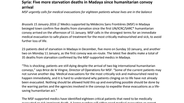 ​Syrien: Ytterligare fem döda av svält i Madaya sedan hjälpkonvojer anlänt