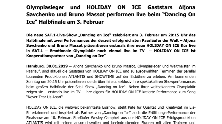  Olympiasieger und HOLIDAY ON ICE Gaststars Aljona Savchenko und Bruno Massot performen live beim “Dancing On Ice“ Halbfinale am 3. Februar 
