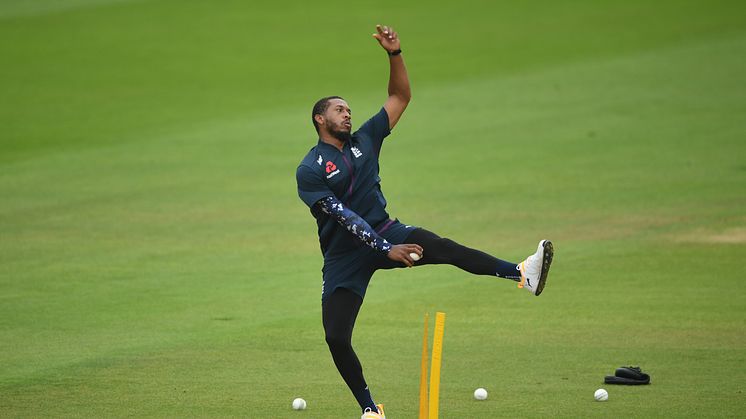 Chris Jordan of England in bowling action during bowling practice during an England Nets Session at The Ageas Bowl on September 03, 2020 in Southampton, England. (Photo by Gareth Copley/Getty Images)