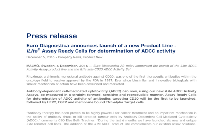 Euro Diagnostica announces launch of a new Product Line - iLite® Assay Ready Cells for determination of ADCC activity