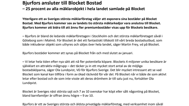 Bjurfors ansluter till Blocket Bostad – 25 procent av alla mäklarobjekt i hela landet samlade på Blocket