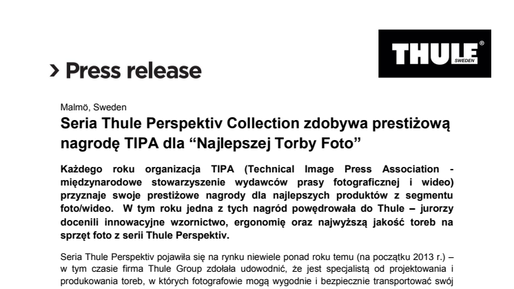 Seria Thule Perspektiv zdobywa prestiżową nagrodę TIPA dla “Najlepszej Torby Foto”