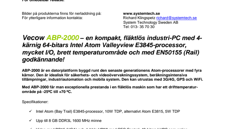 Vecow ABP-2000 – Kompakt fläktlös industri-PC, certifierad för järnvägssystem!