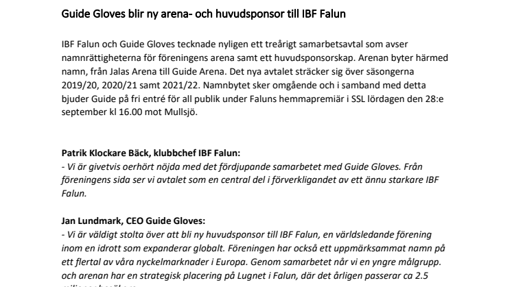Guide Gloves blir ny arena- och huvudsponsor till IBF Falun