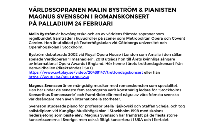Världssopranen Malin Byström & pianisten Magnus Svensson i romanskonsert på Palladium Malmö 24 februari