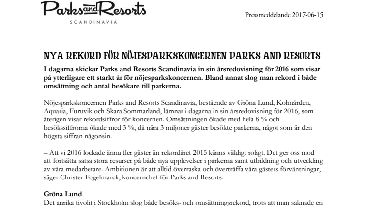Nya rekord för nöjesparkskoncernen Parks and Resorts