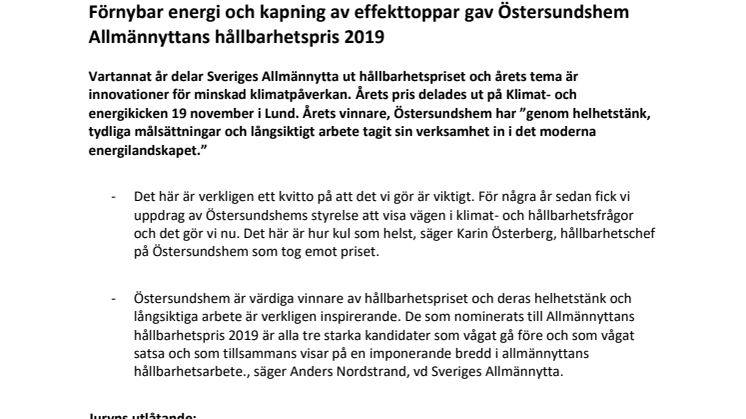 Förnybar energi och kapning av effekttoppar gav Östersundshem Allmännyttans hållbarhetspris 2019