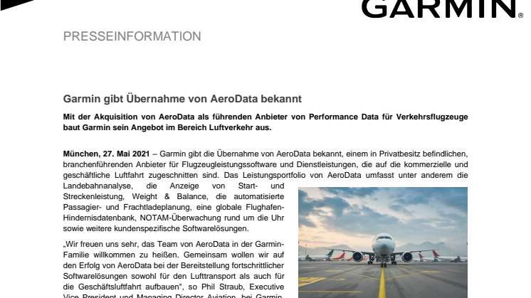 PM Garmin gibt Übernahme von AeroData bekannt