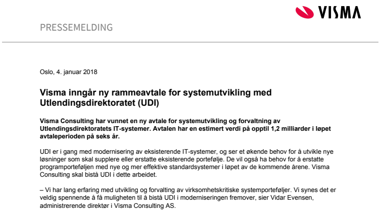 Visma inngår ny rammeavtale med Utlendingsdirektoratet (UDI)