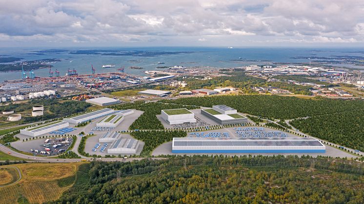 Visionsbild över hur logistiknavet Halvorsäng vid Göteborgs Hamn kan komma att gestalta sig. Foto: Göteborgs Hamn AB