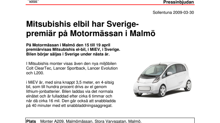 Mitsubishis elbil har Sverigepremiär på Motormässan i Malmö