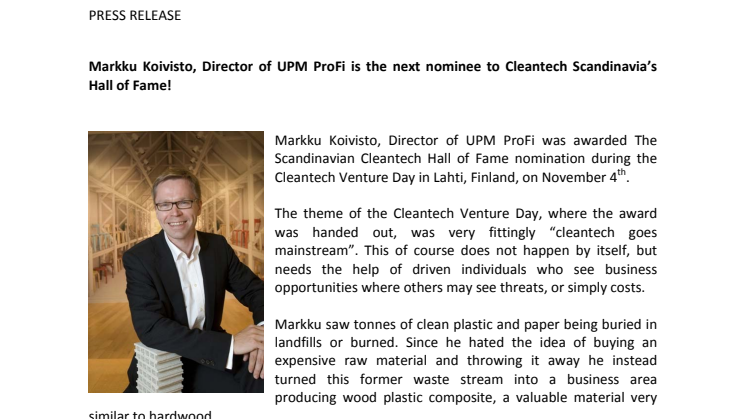 Markku Koivisto, Director of UPM ProFi is the next nominee to Cleantech Scandinavia’s Hall of Fame