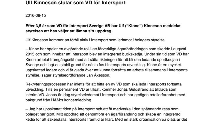 Ulf Kinneson slutar som VD för Intersport