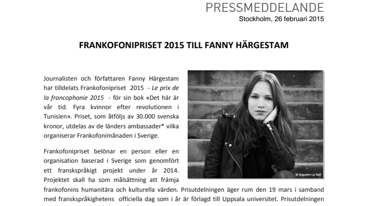FRANKOFONIPRISET 2015 TILL FANNY HÄRGESTAM