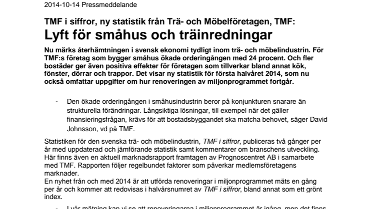 TMF i siffror, ny statistik från Trä- och Möbelföretagen, TMF: Lyft för småhus och träinredningar