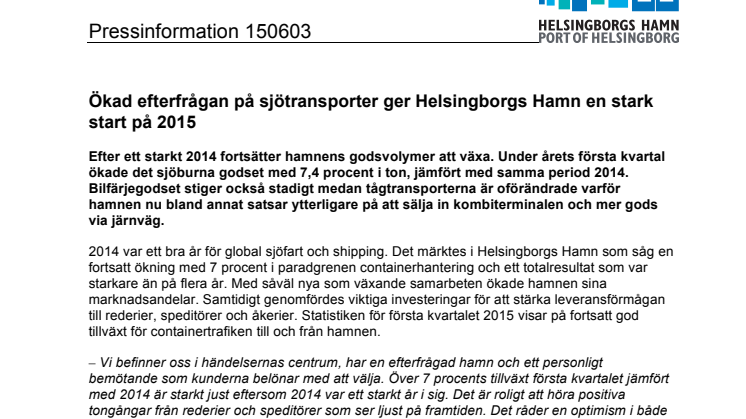 ​Ökad efterfrågan på sjötransporter ger Helsingborgs Hamn en stark start på 2015