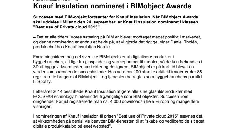 Knauf Insulation nomineret i BIMobject Awards