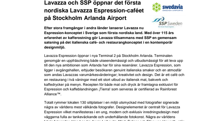 Lavazza och SSP öppnar det första nordiska Lavazza Espression-caféet på Stockholm Arlanda Airport