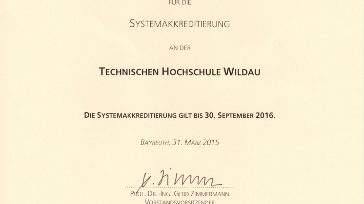 Technische Hochschule Wildau erhielt am 6. Juli 2015 Urkunde zur Systemakkreditierung 