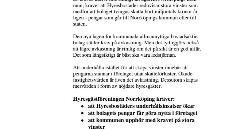 Norköpings kommun ska hålla fingrarna borta från hyresgästernas pengar