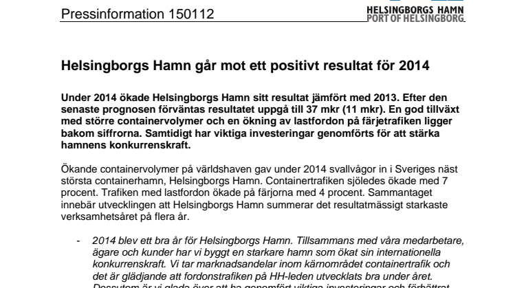 Helsingborgs Hamn går mot ett positivt resultat för 2014