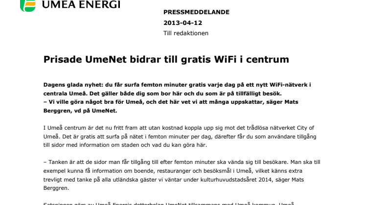 Prisade UmeNet bidrar till gratis WiFi i centrum