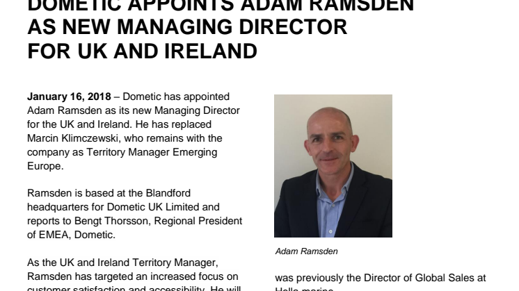 Dometic Appoints Adam Ramsden as New Managing Director for UK and Ireland