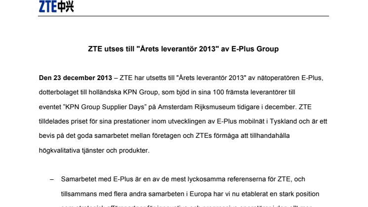 ZTE utses till "Årets leverantör 2013" av E-Plus Group