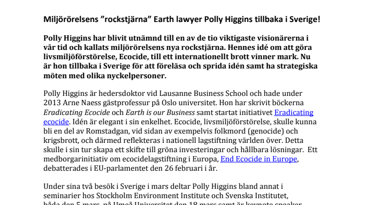 Miljörörelsens ”rockstjärna” Earth lawyer Polly Higgins tillbaka i Sverige!