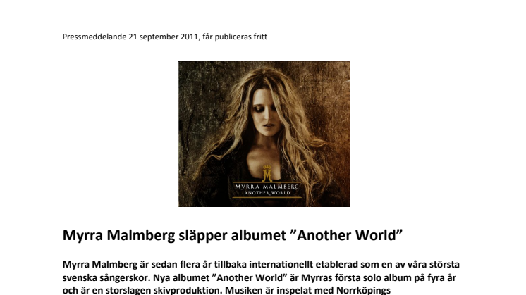 Myrra Malmberg släpper albumet ”Another World”